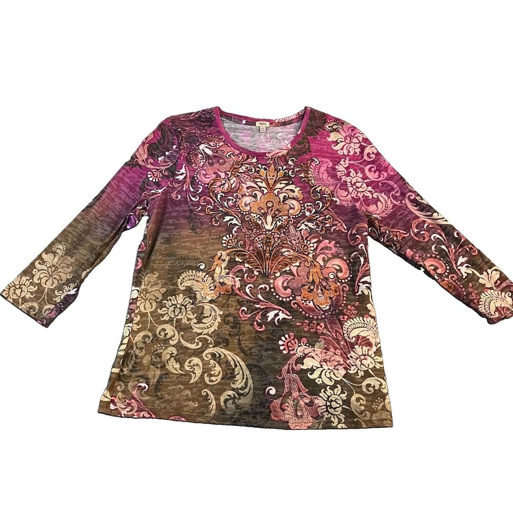 Reba Sequin Beaded Embellished Western Boho Top Shirt Womens Size L Purple Tan
